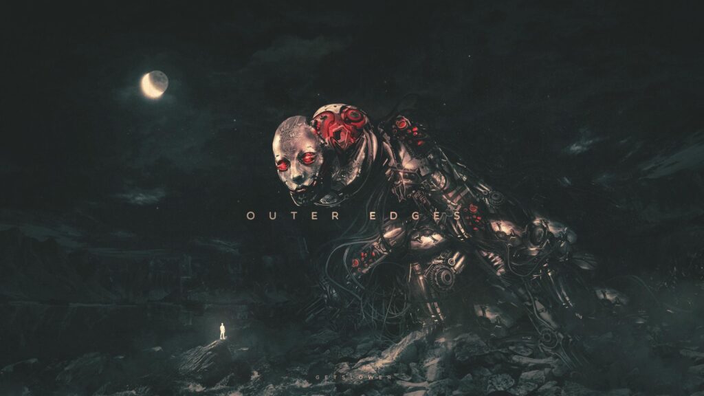 Giant Cybernetic Robot Confronting a Lone Human in Dark Sci-Fi Landscape Desktop Wallpaper