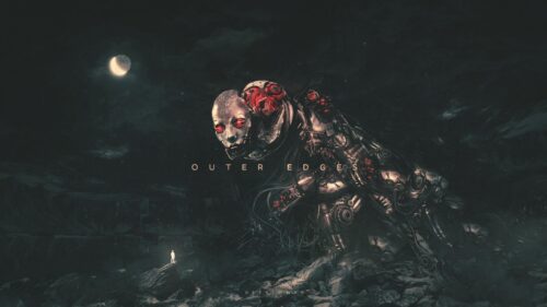 Giant Cybernetic Robot Confronting a Lone Human in Dark Sci-Fi Landscape Desktop Wallpaper