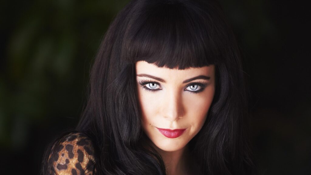 Stunning Brunette Woman with Piercing Ice Blue Eyes Desktop Wallpaper