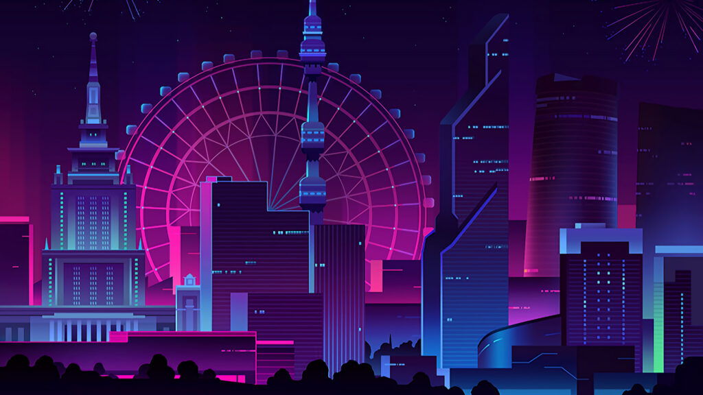 Stunning Cyberpunk Cityscape with Neon Ferris Wheel and Skyscrapers 4K Wallpaper