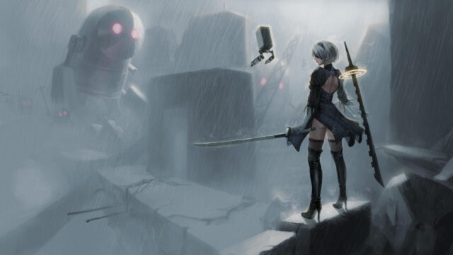 2B Nier Automata Rain Battle Scene Desktop Wallpaper