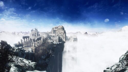 Ancient Stone Castle Ruins Above Clouds Desktop Wallpaper