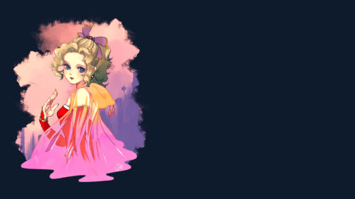 Beautiful Anime Girl with Blonde Curls and Pink Gradient Cape 4K Desktop Wallpaper
