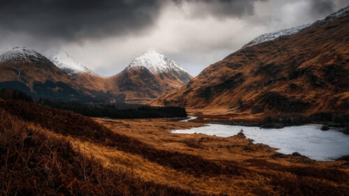 Dramatic Scottish Highlands Mountain Landscape with Snowy Peaks 4K Wallpaper