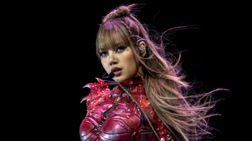 Stunning Lisa Blackpink Performance in Red Avant-Garde Outfit 4K Desktop Wallpaper