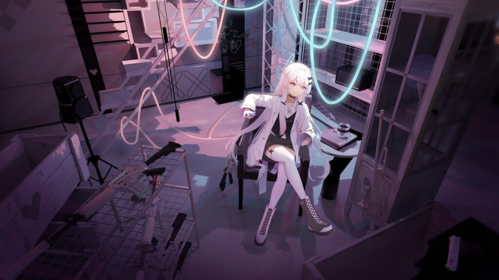 Anime Girl Sitting in Cyberpunk Room with Neon Lights Desktop Wallpaper