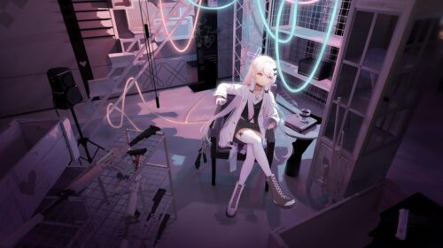 Anime Girl Sitting in Cyberpunk Room with Neon Lights Desktop Wallpaper
