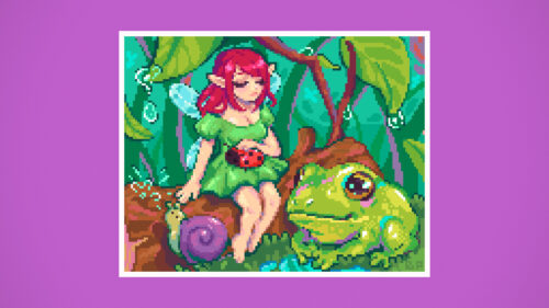 Pixel Art Fairy Sitting with a Giant Frog in a Magical Forest Desktop Wallpaper