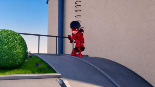 Ladybug Miraculous Character Crouching on Rooftop 4K Desktop Wallpaper