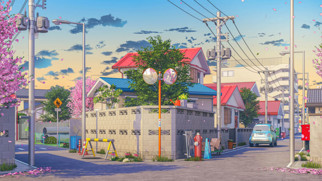 Stunning Anime Street Scene with Cherry Blossoms and Soft Sunset Light 4K Wallpaper