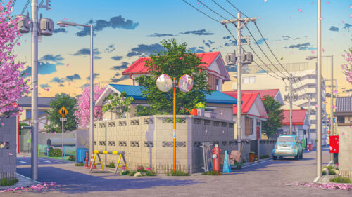 Stunning Anime Street Scene with Cherry Blossoms and Soft Sunset Light 4K Wallpaper