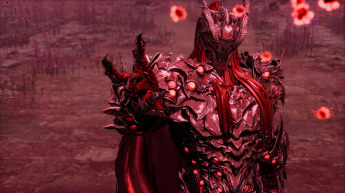 Sinister Demon Warrior in Red Dark Fantasy Armor 4K Desktop Wallpaper