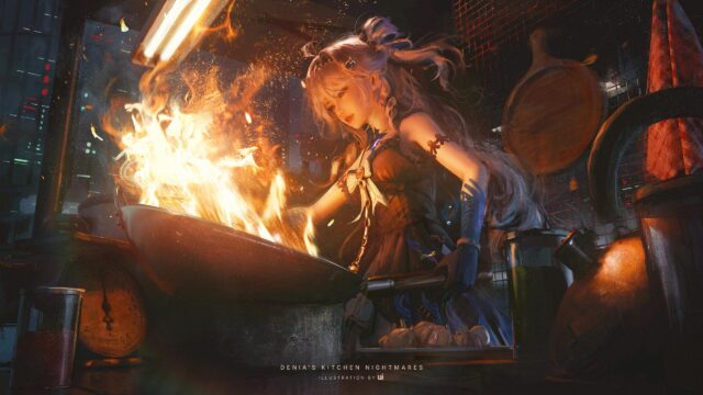 Anime Girl Cooking with Fire in Cyberpunk Kitchen High Resolution Desktop Wallpaper