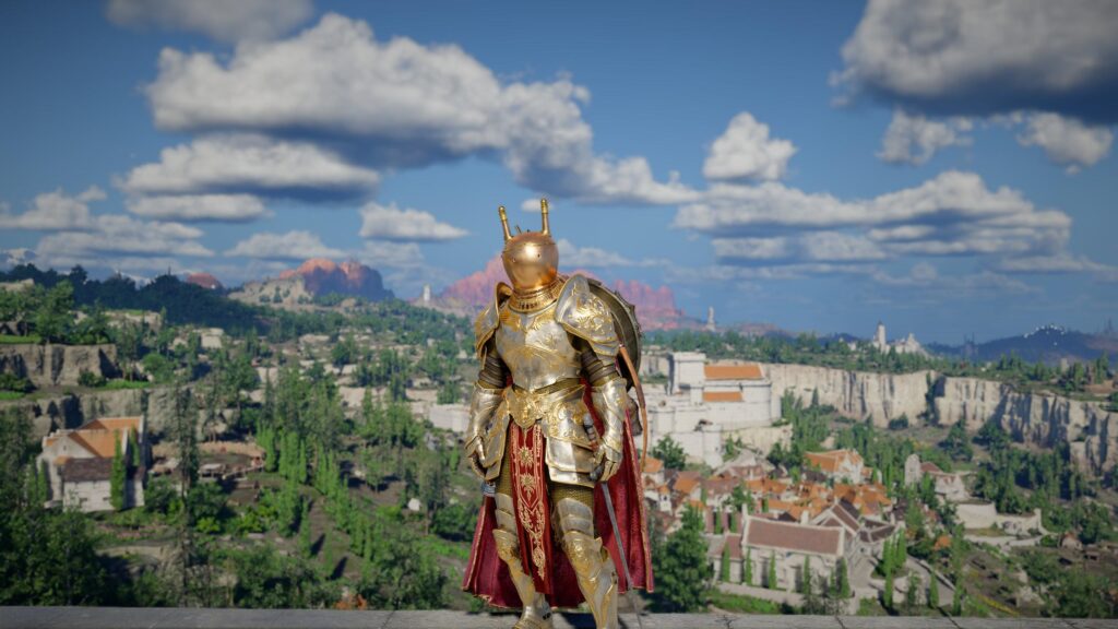 Golden Knight in Fantasy Landscape 4K Desktop Wallpaper