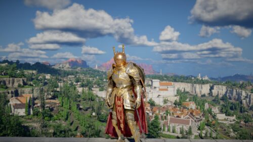 Golden Knight in Fantasy Landscape 4K Desktop Wallpaper