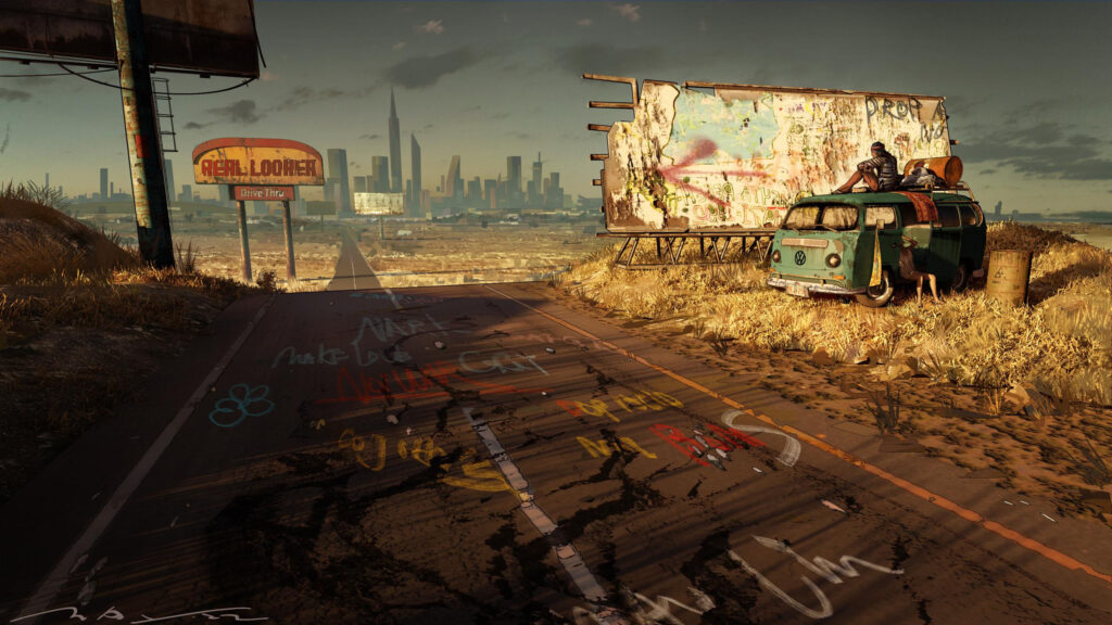Post Apocalyptic Road Trip with Vintage Van and Distant City 4K Wallpaper