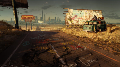 Post Apocalyptic Road Trip with Vintage Van and Distant City 4K Wallpaper