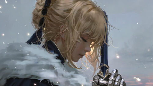Artistic Anime Girl Saber From Fate Series Holding Excalibur Sword 4K Desktop Wallpaper
