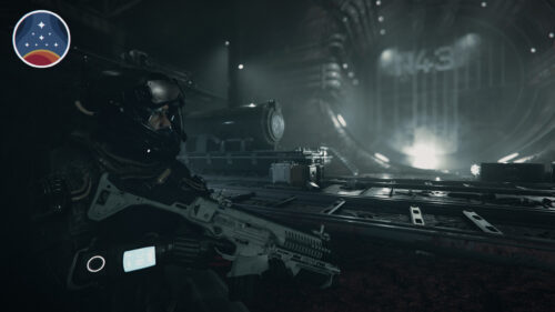 Futuristic Soldier in Dark Industrial Sci-Fi Hangar 4K Wallpaper