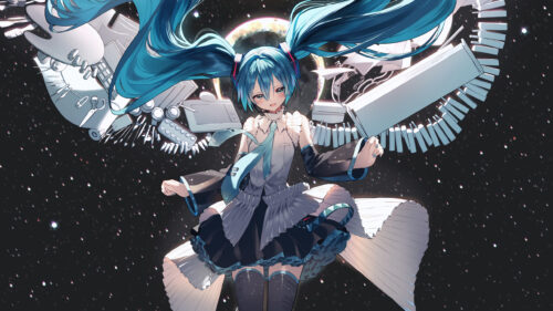Hatsune Miku Surrounded by Floating Creative Tools in Space 4K Desktop Wallpaper