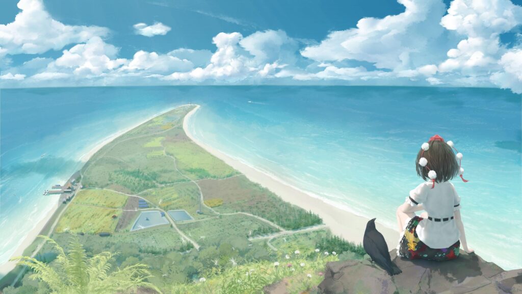 Aya Shameimaru Anime Girl Overlooking Tropical Coastline Desktop Wallpaper