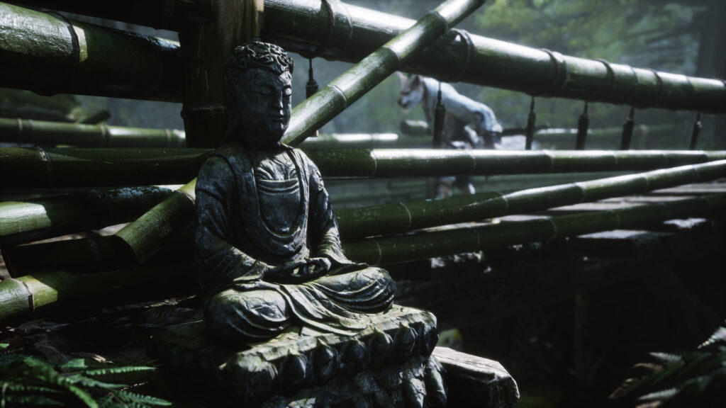 Zen Buddha Statue and Mysterious Forest Traveler 4K Wallpaper