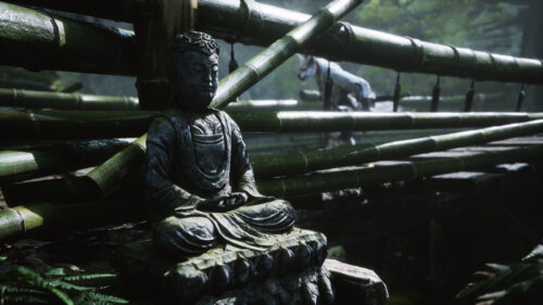 Zen Buddha Statue and Mysterious Forest Traveler 4K Wallpaper