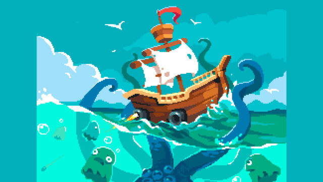 Pixel Art Kraken Attacking a Ship Desktop Wallpaper
