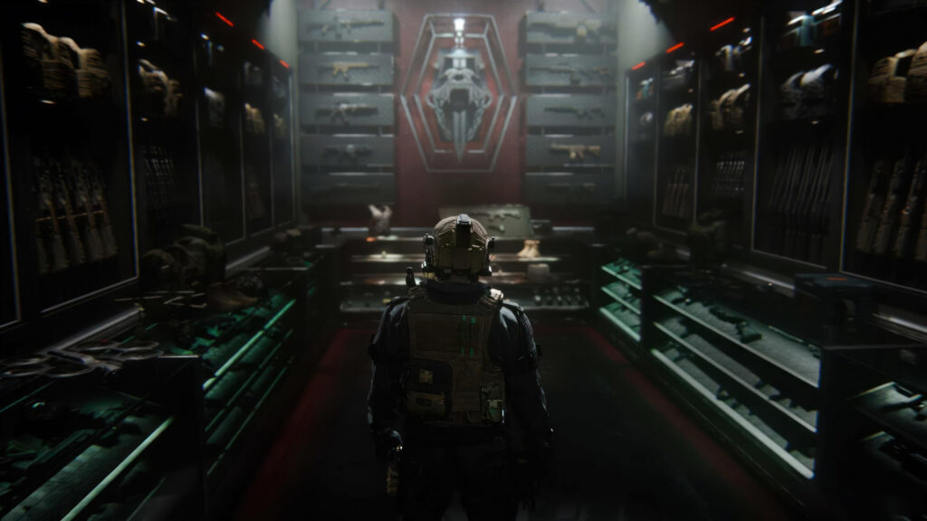 Tactical Soldier in Futuristic Armory Room 4K Desktop Wallpaper