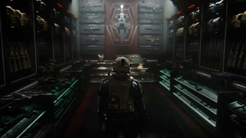 Tactical Soldier in Futuristic Armory Room 4K Desktop Wallpaper