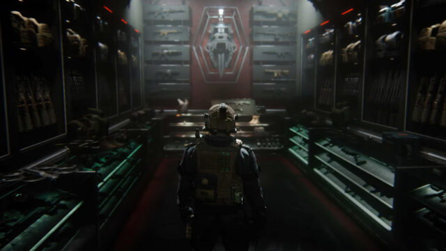 Tactical Soldier in Futuristic Armory Room 4K Desktop Wallpaper
