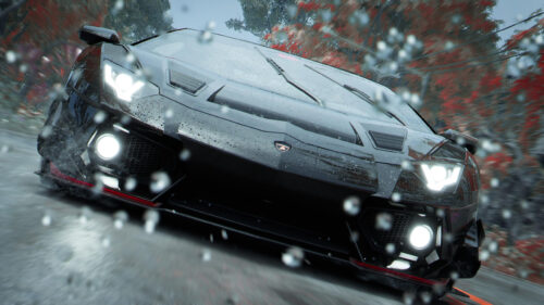 Black Lamborghini Aventador Driving in Rainy Autumn Forest 4K Wallpaper
