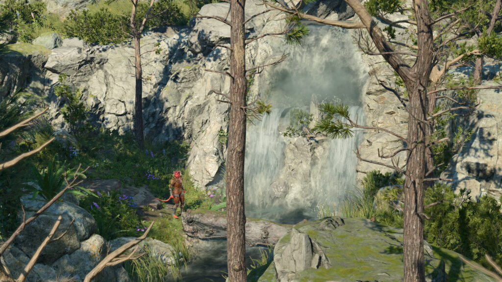 Tiefling Character Standing Before a Hidden Forest Waterfall Desktop Wallpaper