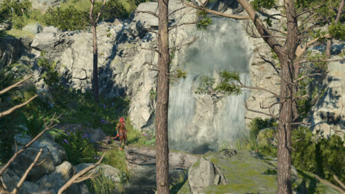 Tiefling Character Standing Before a Hidden Forest Waterfall Desktop Wallpaper