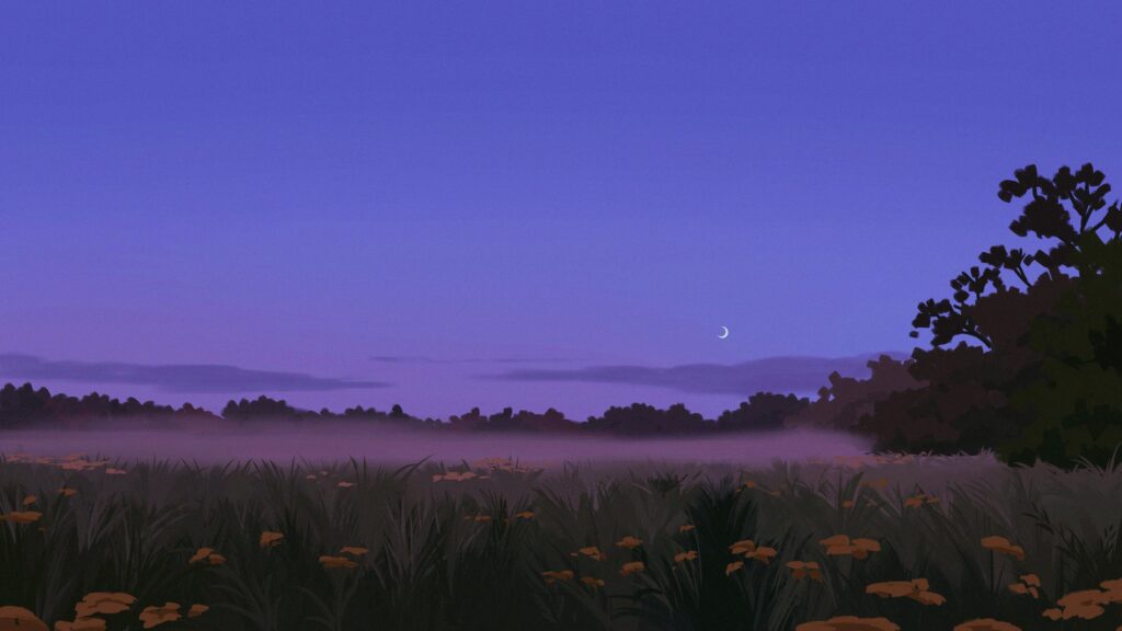 Serene Twilight Landscape with Crescent Moon and Wildflowers Desktop Wallpaper