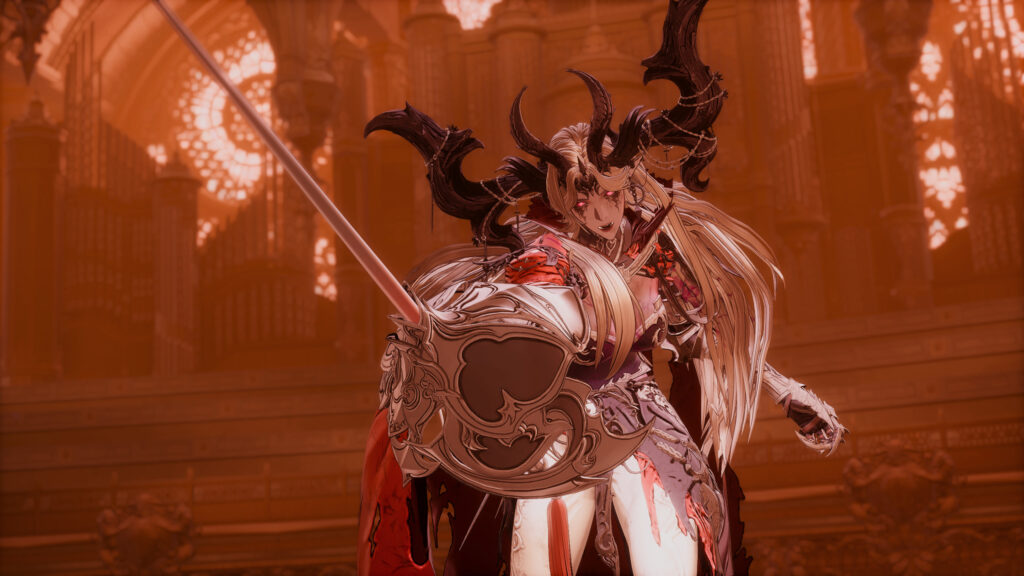 Vylkan Demoness Warrior with Rapier in Gothic Cathedral 4K Desktop Wallpaper