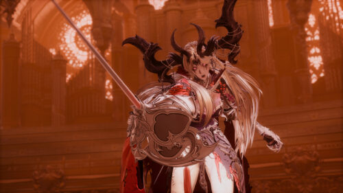 Vylkan Demoness Warrior with Rapier in Gothic Cathedral 4K Desktop Wallpaper