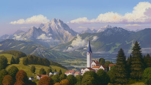 Stunning Alpine Village Landscape with Majestic Mountains Desktop Wallpaper