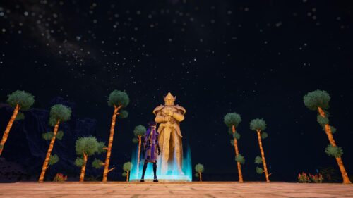 Knight Statue Under Starlit Night Sky Gaming Desktop Wallpaper