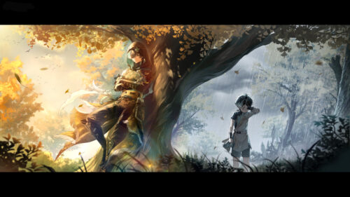 Anime Boy Under Golden Autumn Tree and Rain Split Screen Desktop Wallpaper