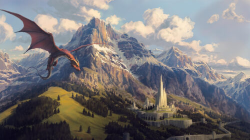 Majestic Red Dragon Soaring Over Fantasy Castle and Snowy Mountains 4K Wallpaper