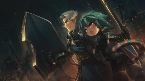 Anime Warrior Protecting Girl in Dark Battle 4K Wallpaper