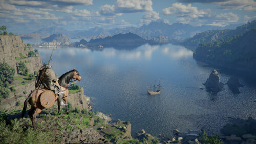 Knight on Horseback Overlooking Coastal Sea and Ancient Ship Desktop Wallpaper