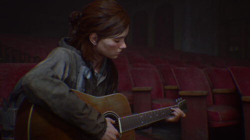 Ellie Playing Guitar in an Abandoned Theater The Last of Us Part II Desktop Wallpaper