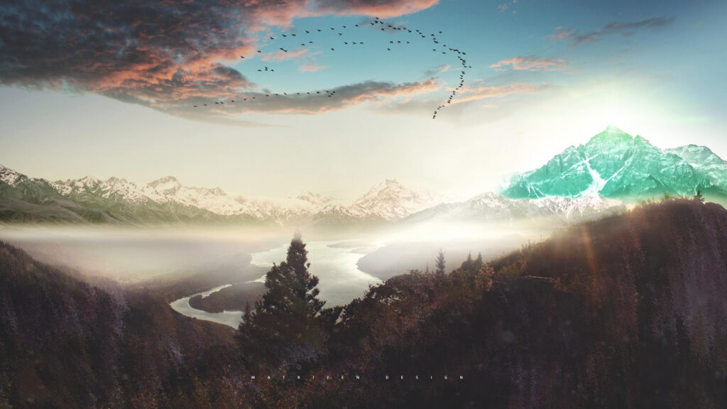 Breathtaking Misty Mountain Valley with Migrating Birds at Sunset 4K Wallpaper