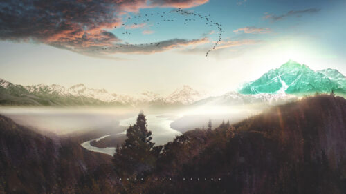 Breathtaking Misty Mountain Valley with Migrating Birds at Sunset 4K Wallpaper