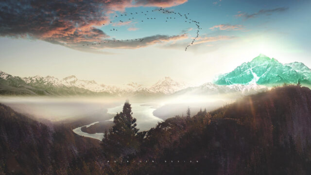 Breathtaking Misty Mountain Valley with Migrating Birds at Sunset 4K Wallpaper
