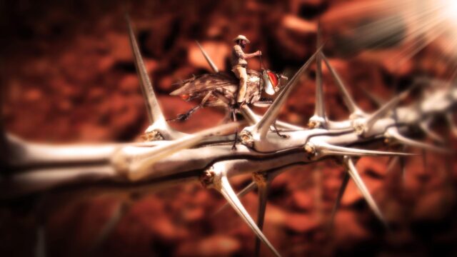 Surreal Tiny Cowboy Riding a Giant Fly on a Thorn Branch 4K Wallpaper