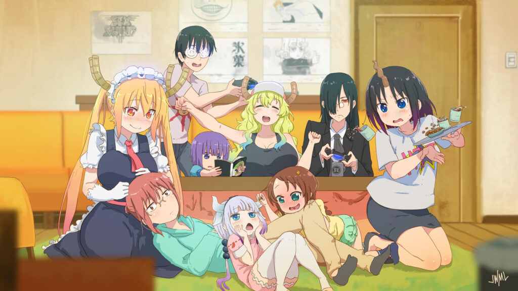 Miss Kobayashi's Dragon Maid Characters Group Gaming Session 4K Desktop Wallpaper