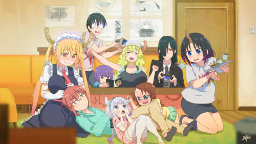 Miss Kobayashi’s Dragon Maid Characters Group Gaming Session 4K Desktop Wallpaper